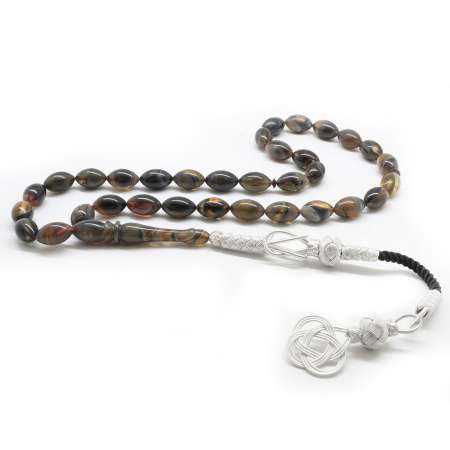 1000 Ayar Kazaz Püsküllü Arpa Kesim Yoğun Hareli Sıkma Kehribar Tesbih - M1 - Tesbihane