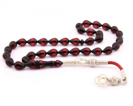 1000 Ayar Gümüş Kazaz Püsküllü Damla Kesim Kırmızı Sıkma Kehribar Tesbih - Tesbihane