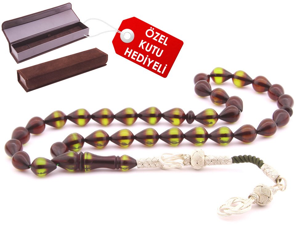 1000 Ayar Kazaz Püsküllü Damla Kesim Sürmeli Kehribar Tesbih (Model-3) - 2