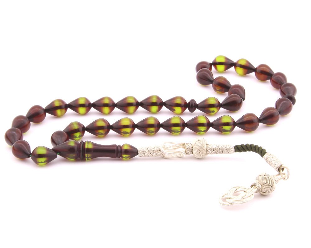 1000 Ayar Kazaz Püsküllü Damla Kesim Sürmeli Kehribar Tesbih (Model-3) - 1