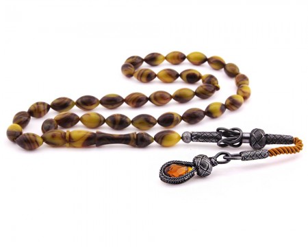 1000 Ayar Kazaz Püsküllü Kahverengi Dalgalı Sıkma Kehribar - Tesbihane