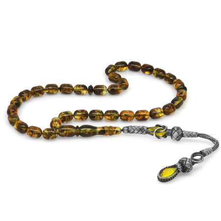 1000 Ayar Gümüş Kazaz Püsküllü Kapsül Kesim Bitki Fosilli Sarı Damla Kehribar Tesbih - Tesbihane