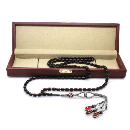 1000 Ayar Gümüş Kazaz Püsküllü Kapsül Kesim Koyu Kırmızı Renk Doğal Damla Kehribar Namaz Tesbihi - Tesbihane