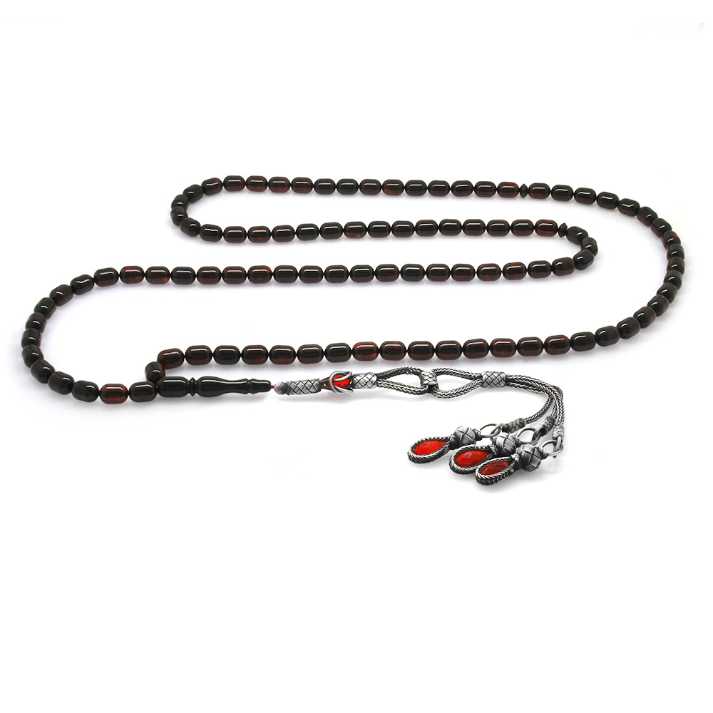 1000 Ayar Gümüş Kazaz Püsküllü Kapsül Kesim Koyu Kırmızı Renk Doğal Damla Kehribar Namaz Tesbihi - 2