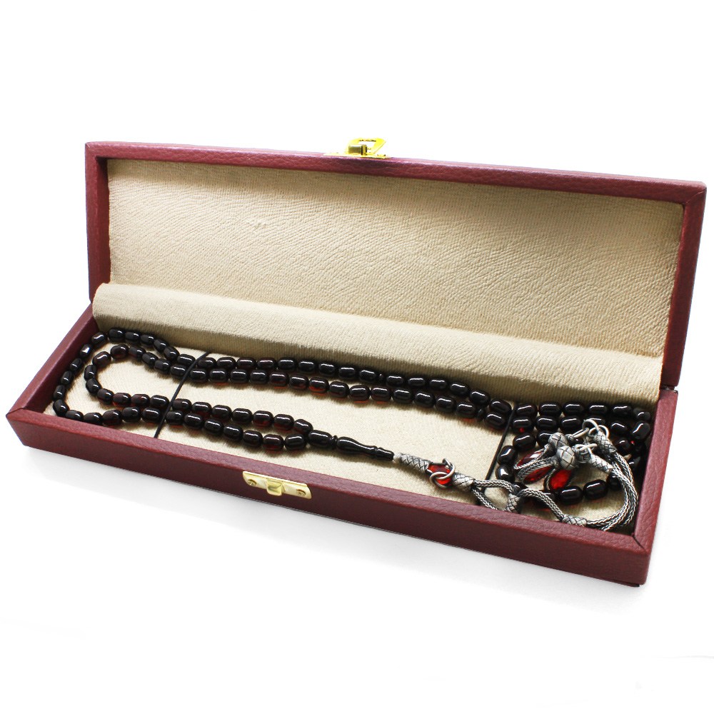 1000 Ayar Gümüş Kazaz Püsküllü Kapsül Kesim Koyu Kırmızı Renk Doğal Damla Kehribar Namaz Tesbihi - 3