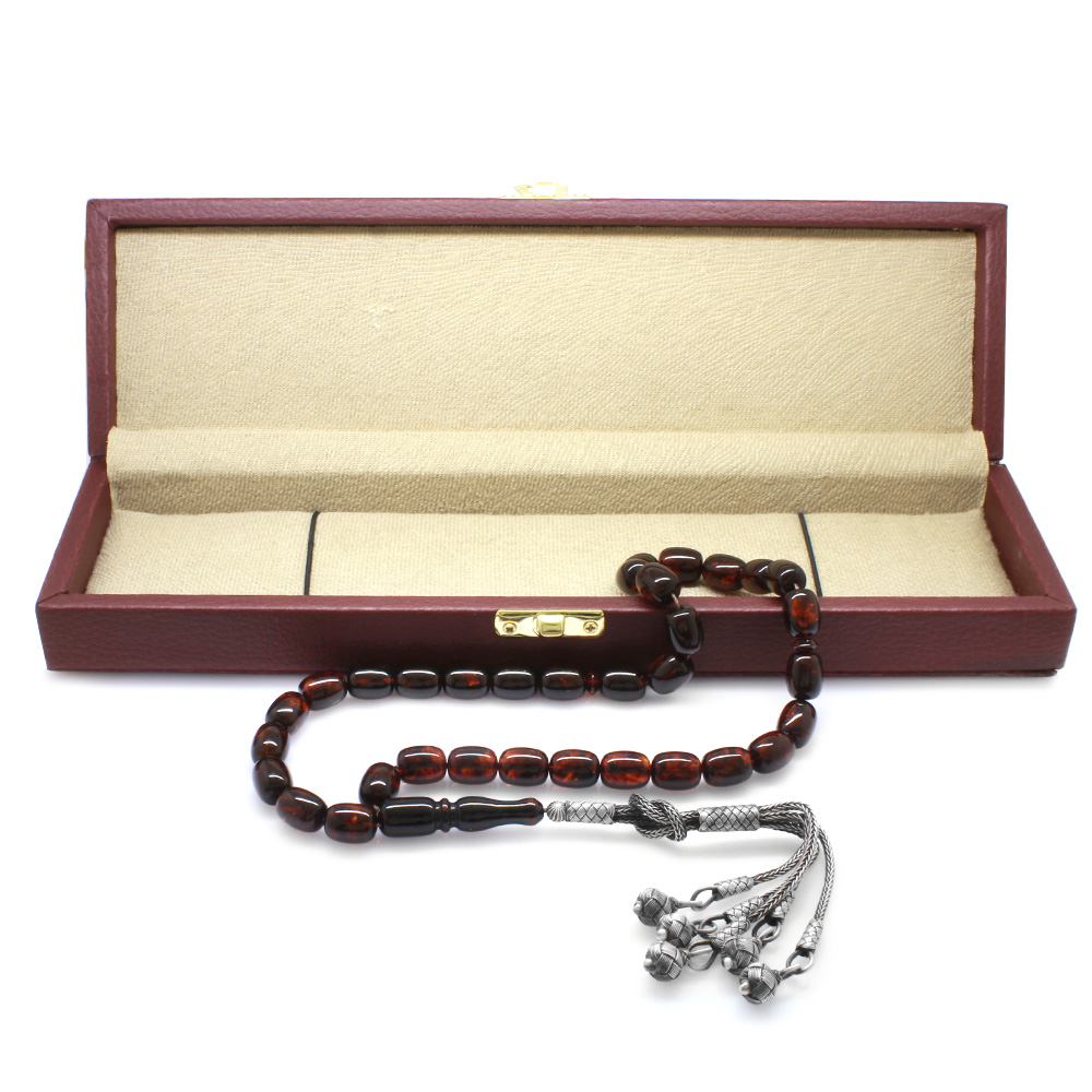 1000 Ayar Gümüş Kazaz Püsküllü Kapsül Kesim Koyu Kırmızı Renk Doğal Damla Kehribar Tesbih - 1