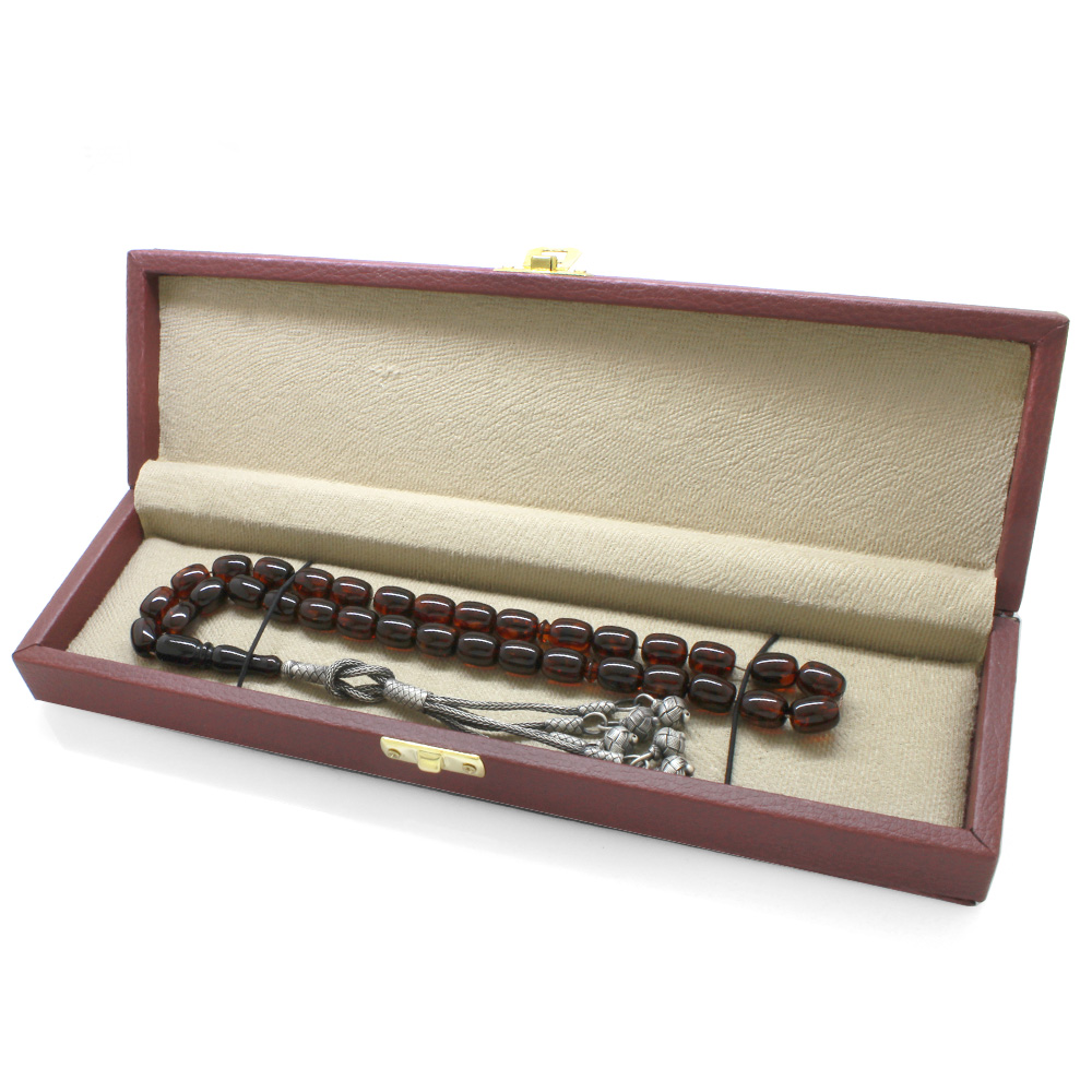 1000 Ayar Gümüş Kazaz Püsküllü Kapsül Kesim Koyu Kırmızı Renk Doğal Damla Kehribar Tesbih - 3