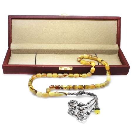 1000 Ayar Gümüş Kazaz Püsküllü Kapsül Kesim Sarı Renk Hareli Kaliningrad Doğal Damla Kehribar Tesbih - Tesbihane