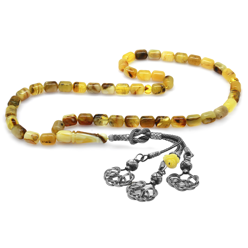 1000 Ayar Gümüş Kazaz Püsküllü Kapsül Kesim Sarı Renk Hareli Kaliningrad Doğal Damla Kehribar Tesbih - 2