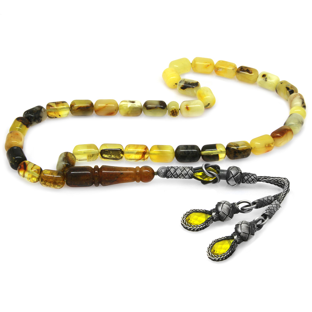 1000 Ayar Gümüş Kazaz Püsküllü Kapsül Kesim Süzme Çok Renkli Kaliningrad Doğal Damla Kehribar Tesbih - 1