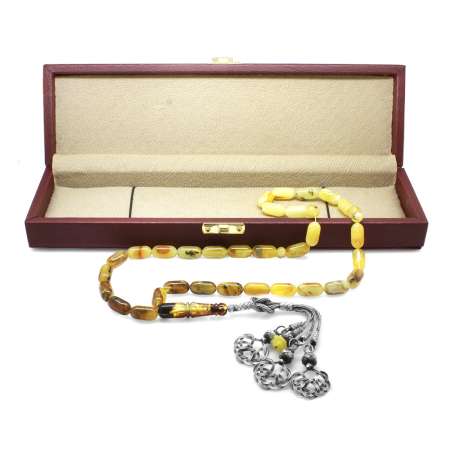 1000 Ayar Gümüş Kazaz Püsküllü Kolye Kesim Sarı Beyaz Renk Kaliningrad Doğal Damla Kehribar Tesbih - Tesbihane