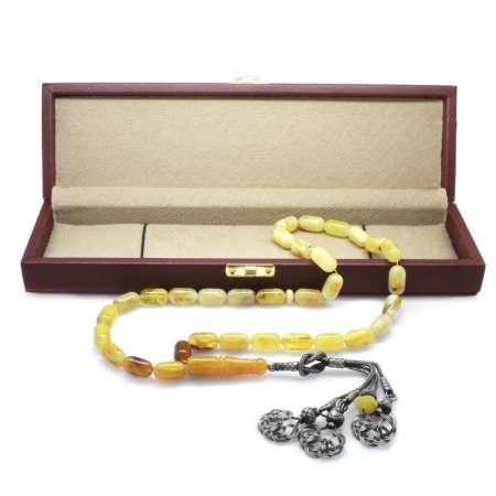 1000 Ayar Gümüş Kazaz Püsküllü Kolye Kesim Süzme Sarı Renk Kaliningrad Naturel Damla Kehribar Tesbih - Tesbihane