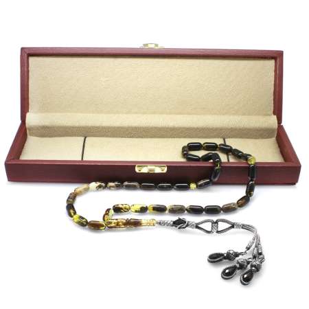 1000 Ayar Gümüş Kazaz Püsküllü Kolye Kesim Süzme Sarı Siyahkaliningrad Naturel Kehribar Tesbih - Tesbihane