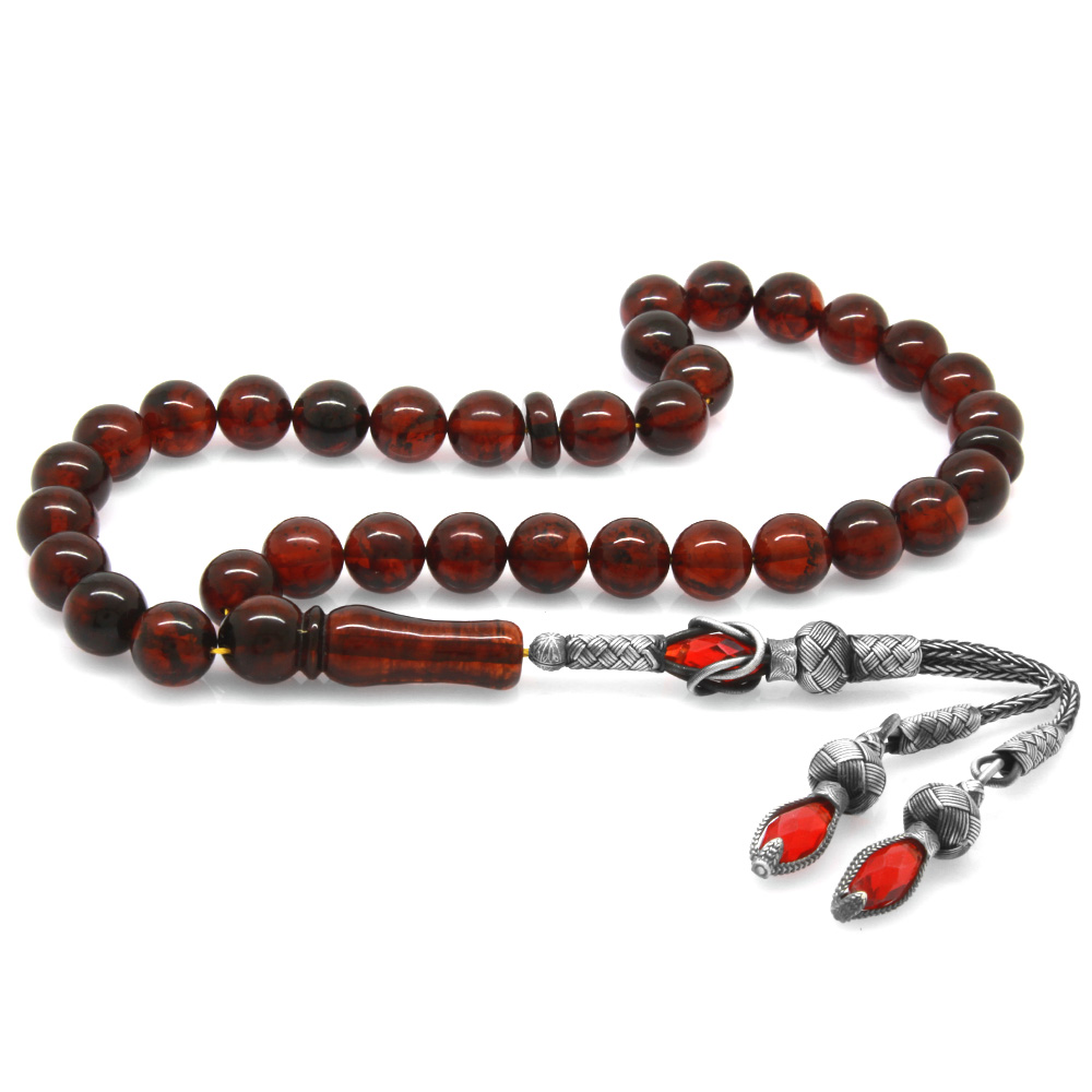 1000 Ayar Gümüş Kazaz Püsküllü Ateş Kırmızı Küre Kesim Damla Kehribar Tesbih - 2