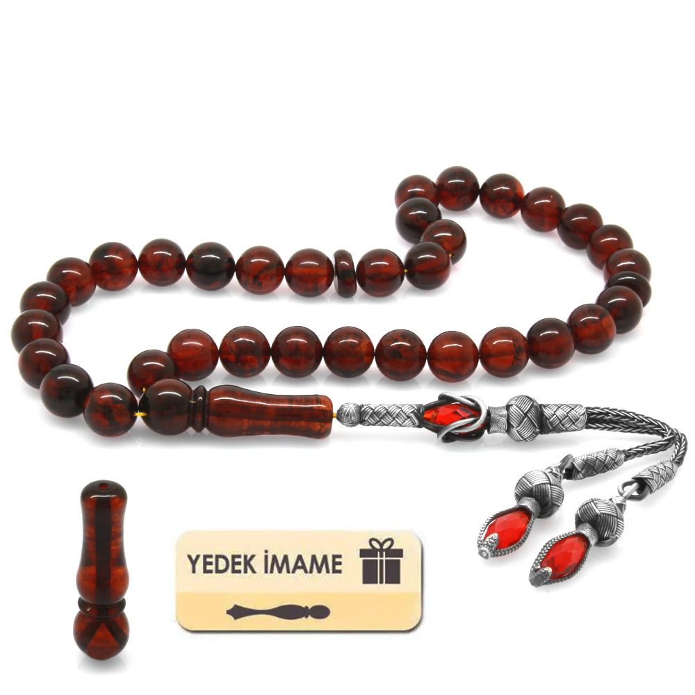 1000 Ayar Gümüş Kazaz Püsküllü Ateş Kırmızı Küre Kesim Damla Kehribar Tesbih - 1