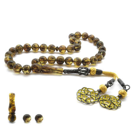 1000 Ayar Kazaz Püsküllü Küre Kesim Bal Rengi Damla Kehribar Tesbih - M2 - Tesbihane