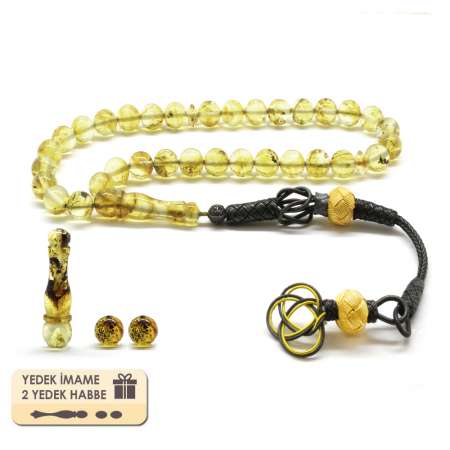 1000 Ayar Gümüş Kazaz Püsküllü Küre Kesim Fosilli Sarı Damla Kehribar Tesbih - Tesbihane