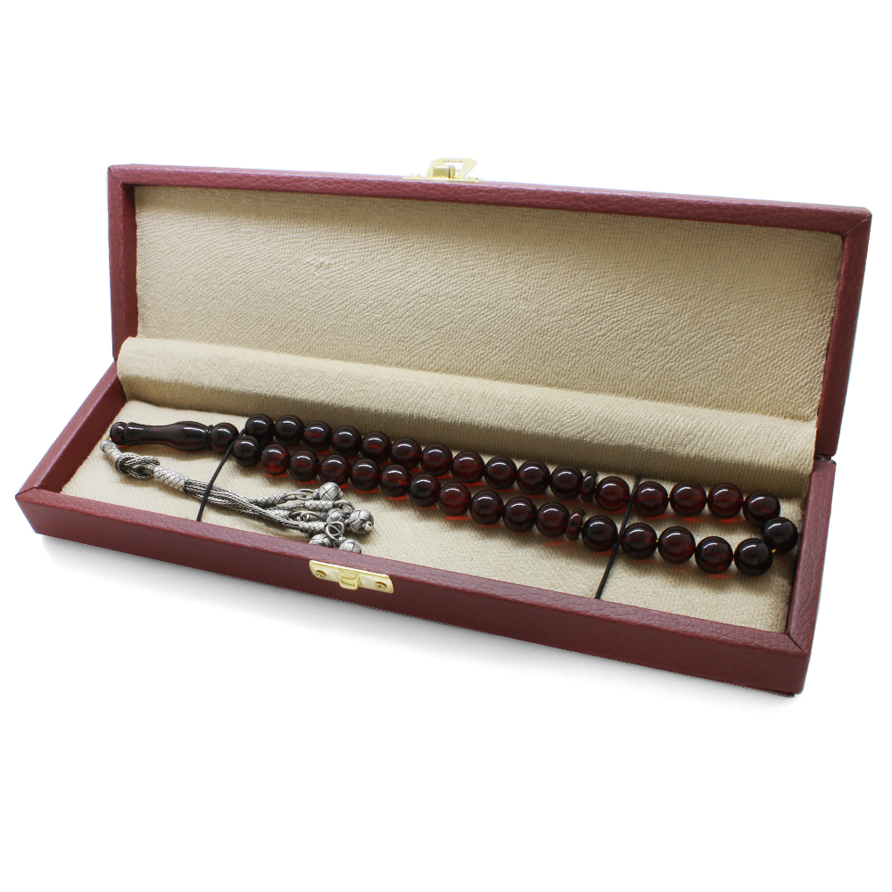 1000 Ayar Gümüş Kazaz Püsküllü Küre Kesim Maxi Boy Koyu Kırmızı Renk Naturel Damla Kehribar Tesbih - 3