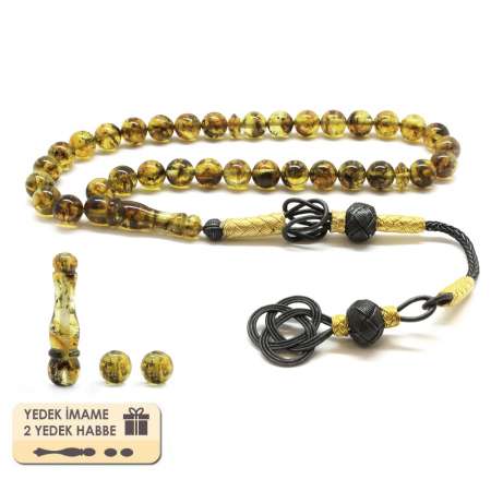 1000 Ayar Kazaz Püsküllü Küre Kesim Yoğun Fosilli Sarı Damla Kehribar Tesbih - Tesbihane