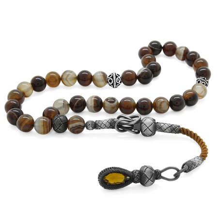 1000 Ayar Gümüş Kazaz Püsküllü Küre Kesim Madagaskar Akik Doğaltaş Tesbih - Tesbihane