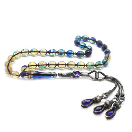 1000 Ayar Kazaz Püsküllü Özel Kesim Süzme Mavi Sıkma Kehribar Tesbih - Tesbihane