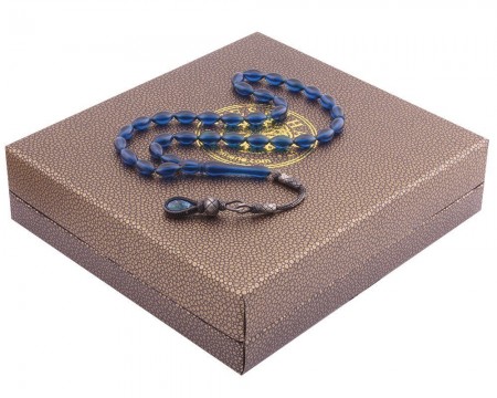 1000 Ayar Kazaz Püsküllü Arpa Kesim Mavi Sıkma Kehribar Tesbih - Tesbihane