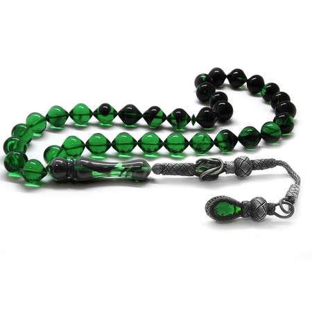 1000 Ayar Gümüş Kazaz Püsküllü Sığırcık Kesim Süzme Yeşil Ateş Kehribar Tesbih - Tesbihane