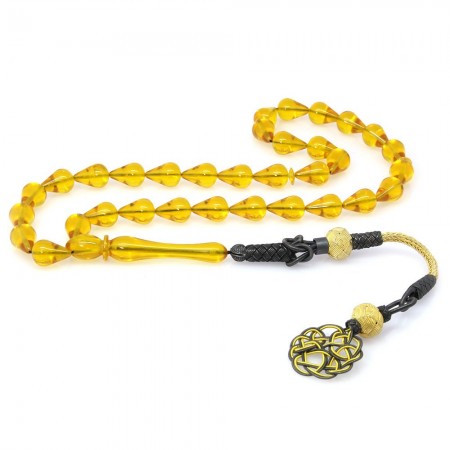 1000 Ayar Kazaz Püsküllü Damla Kesim Sarı Ateş Kehribar Tesbih - Tesbihane