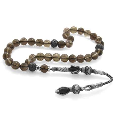 1000 Ayar Gümüş Kazaz Püsküllü Küre Kesim Dumanlı Kuvars Doğaltaş Tesbih - Tesbihane