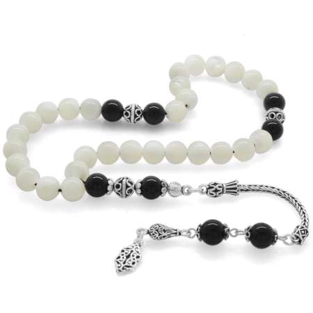 925 Ayar Gümüş Püsküllü Küre Kesim Sedef Doğaltaş Tesbih - Tesbihane