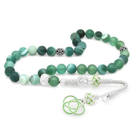 1000 Ayar Gümüş Kazaz Püsküllü Küre Kesim Mat Yeşil Akik Doğaltaş Tesbih - Tesbihane