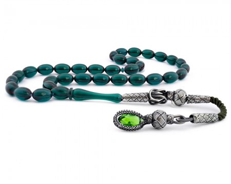 1000 Ayar Kazaziye Püsküllü Koyu Yeşil Sıkma Kehribar Tesbih - Tesbihane