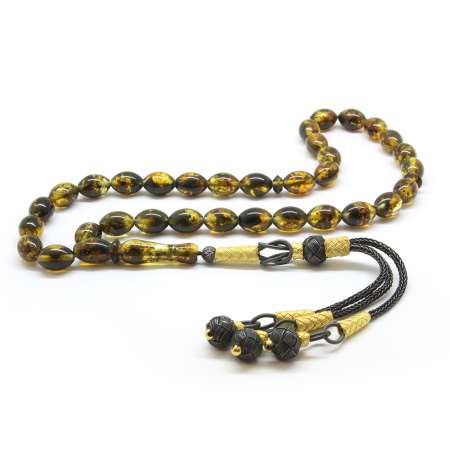 1000 Ayar Gümüş Top Kazaz Püsküllü Arpa Kesim Yoğun Fosilli Sarı Damla Kehribar Tesbih - Tesbihane