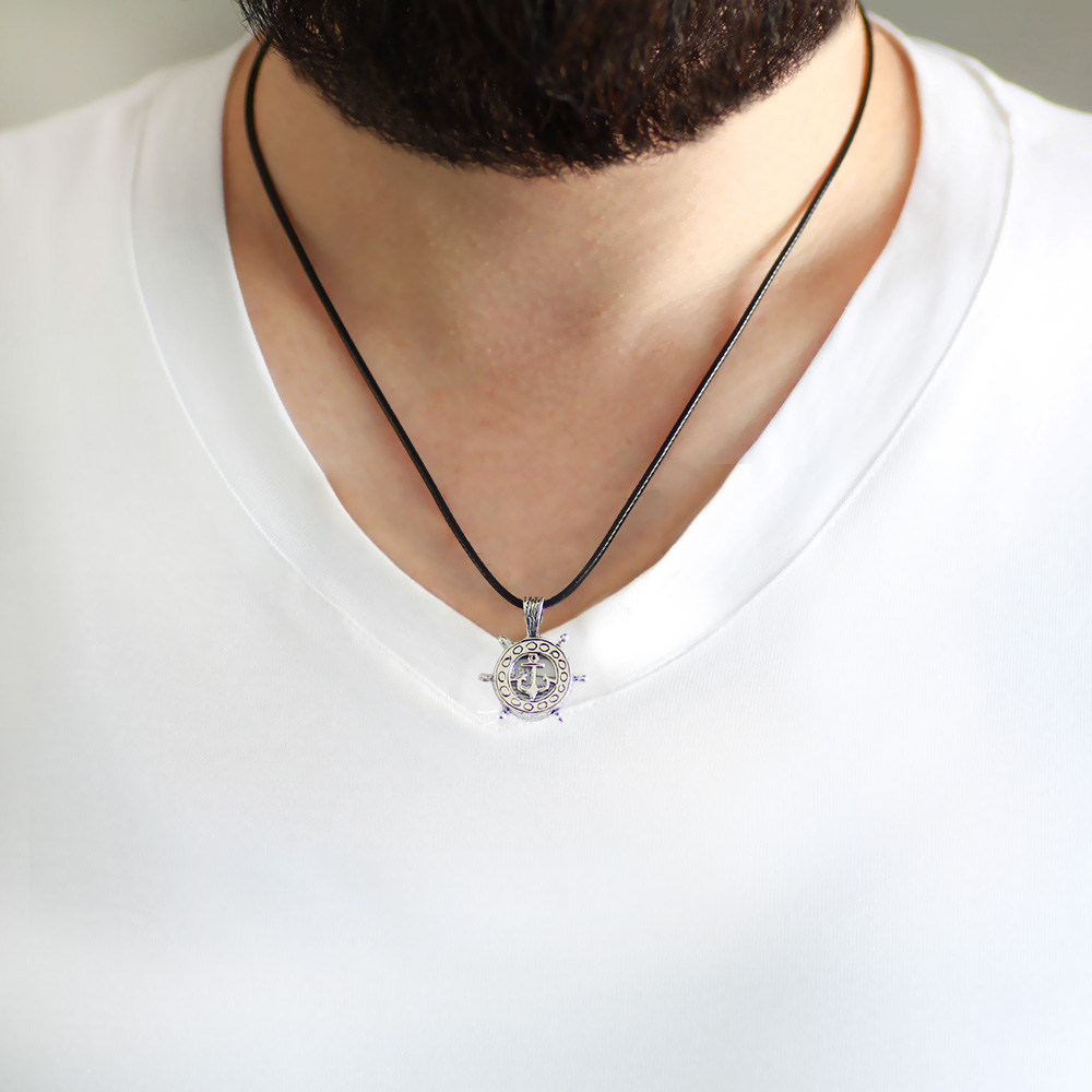 İsme Özel Yazılı Üzeri Çapa Tasarım 925 Ayar Gümüş Erkek Cevşen Kolye - 2