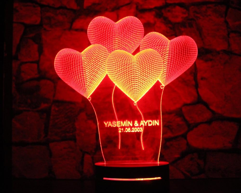 16 Renk İsim Yazılı Kalp Tasarım 3d Led Lamba Model 2 - 6
