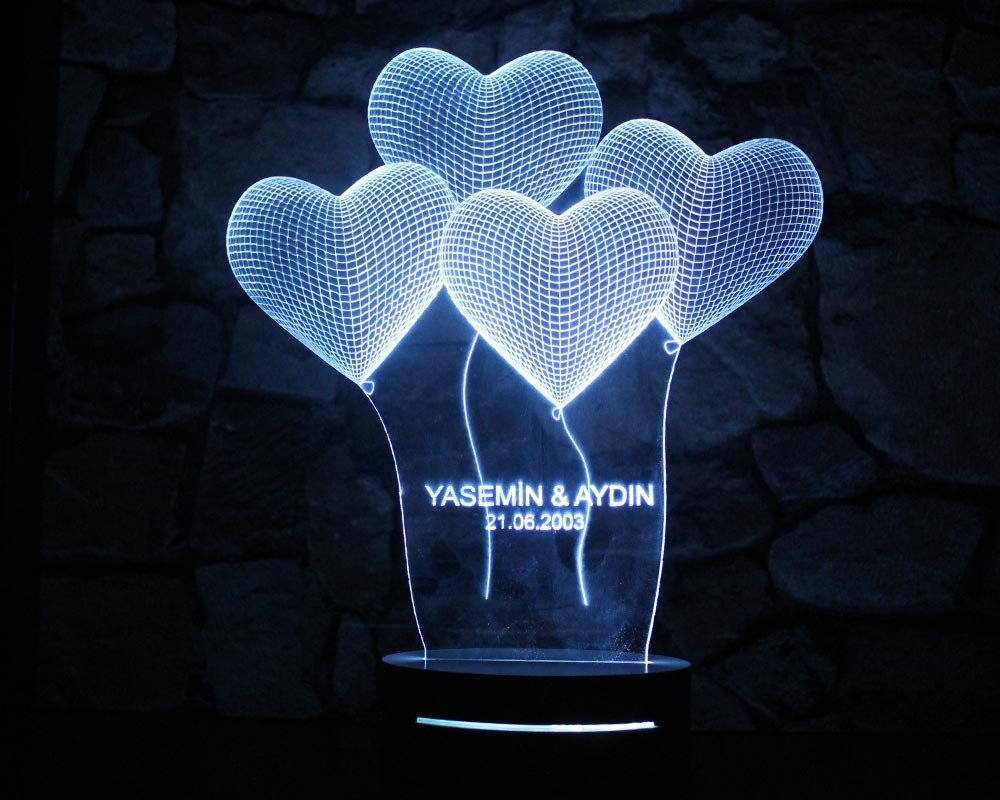 16 Renk İsim Yazılı Kalp Tasarım 3d Led Lamba Model 2 - 4