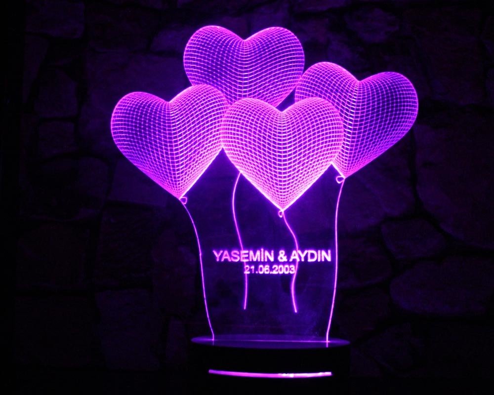16 Renk İsim Yazılı Kalp Tasarım 3d Led Lamba Model 2 - 3