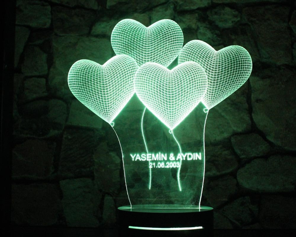 16 Renk İsim Yazılı Kalp Tasarım 3d Led Lamba Model 2 - 2