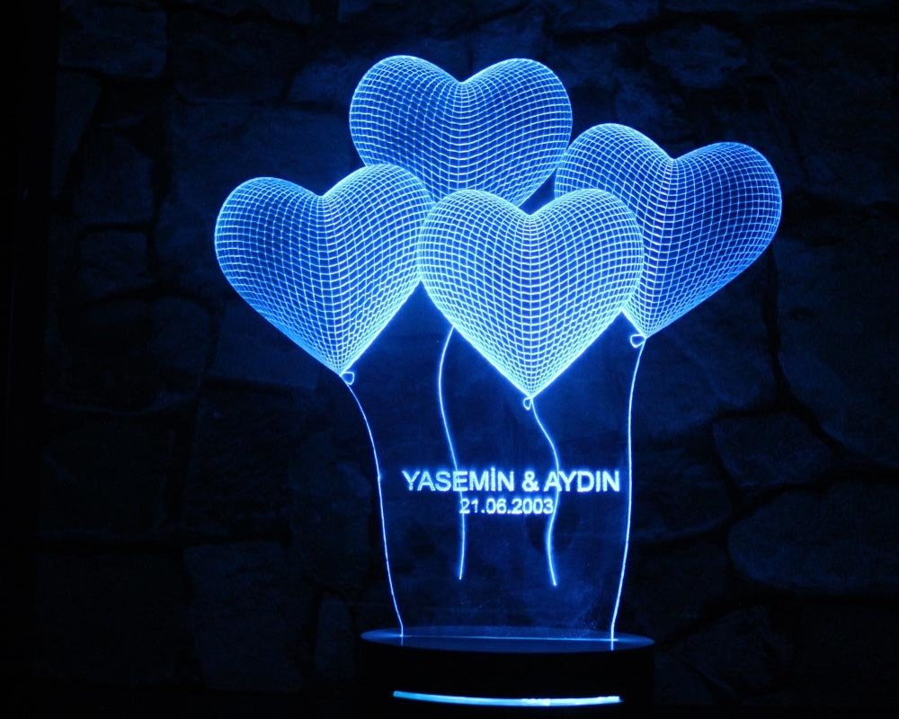 16 Renk İsim Yazılı Kalp Tasarım 3d Led Lamba Model 2 - 1