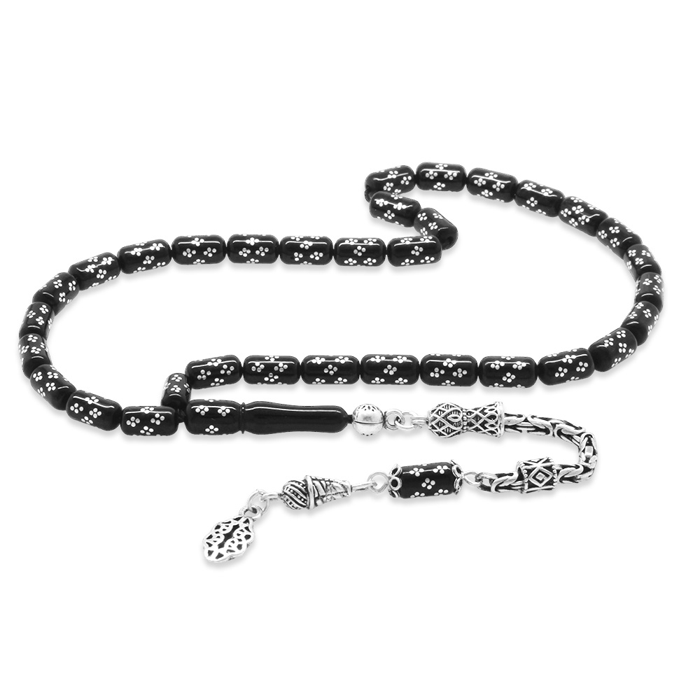 1680 Adet Gümüş Çakım İşlemeli 925 Ayar Gümüş Kral Püsküllü Kapsül Kesim Erzurum Oltu Taşı Tesbih - 1