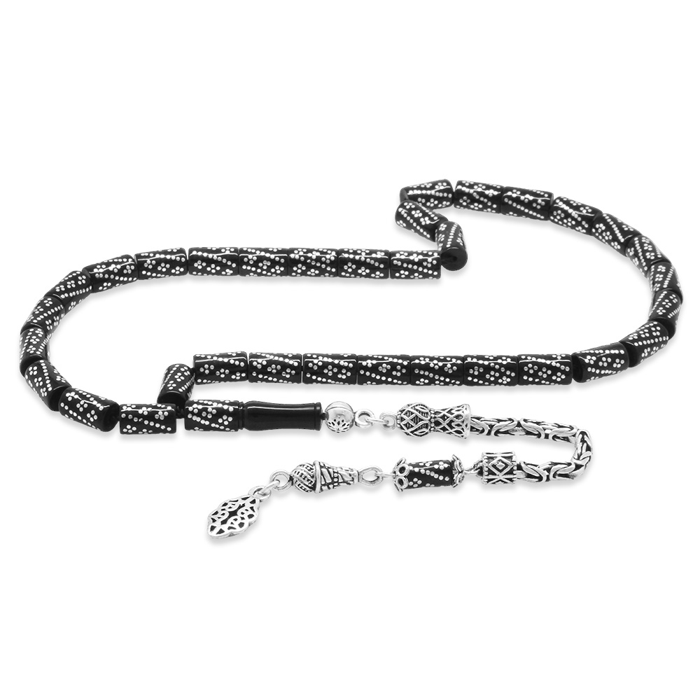 2920 Adet Gümüş Çakım İşlemeli 925 Ayar Gümüş Kral Püsküllü Kesme Kesim Erzurum Oltu Taşı Tesbih - 1