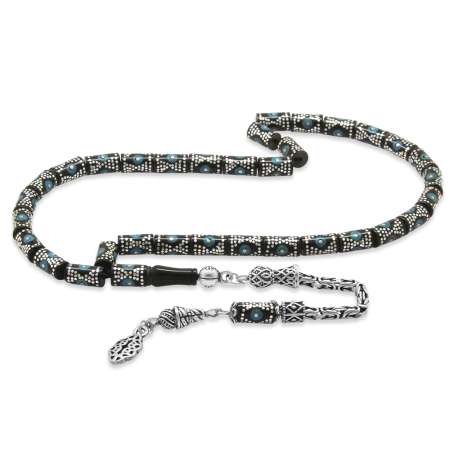 3150 Adet Gümüş Çakım 925 Ayar Gümüş Kral Püsküllü Kesme Kesim Mavi Mineli Erzurum Oltu Taşı Tesbih - Tesbihane