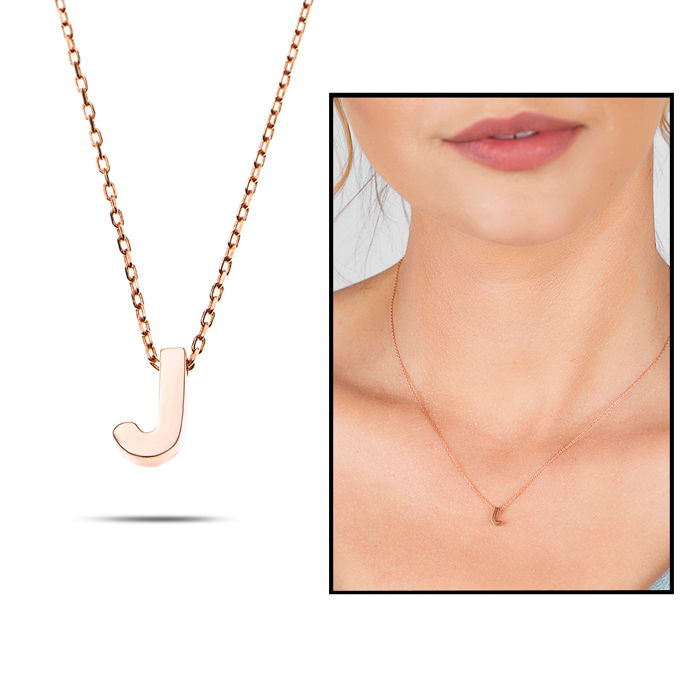 3D Tasarım Rose Renk 925 Ayar Gümüş J Harf Kolye - 1