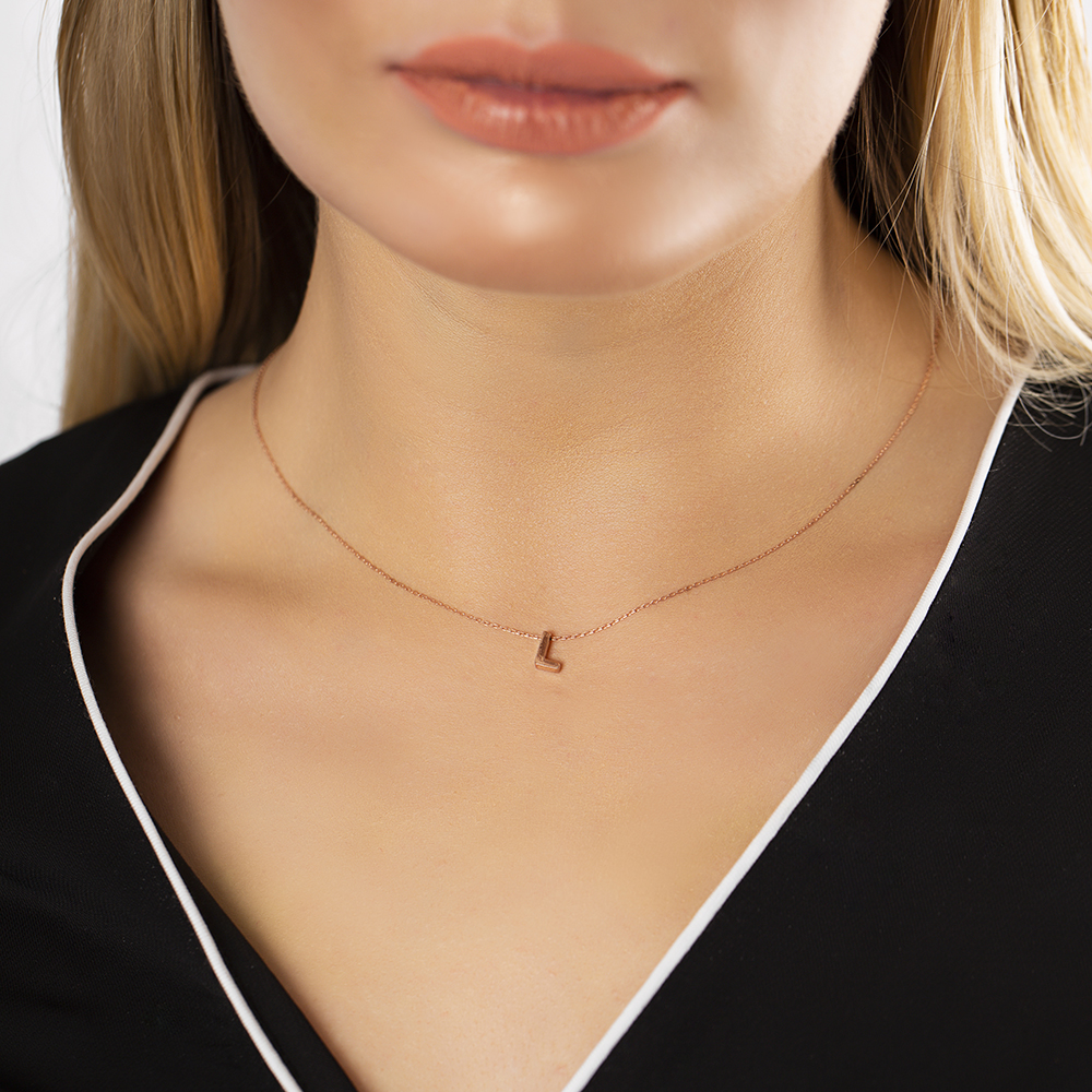 3D Tasarım Rose Renk 925 Ayar Gümüş L Harf Kolye - 3