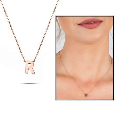 3D Tasarım Rose Renk 925 Ayar Gümüş R Harf Kolye - Tesbihane