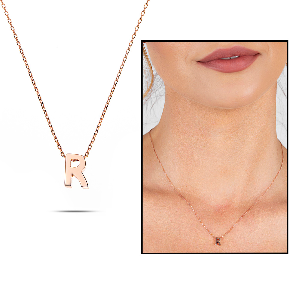 3D Tasarım Rose Renk 925 Ayar Gümüş R Harf Kolye - 1