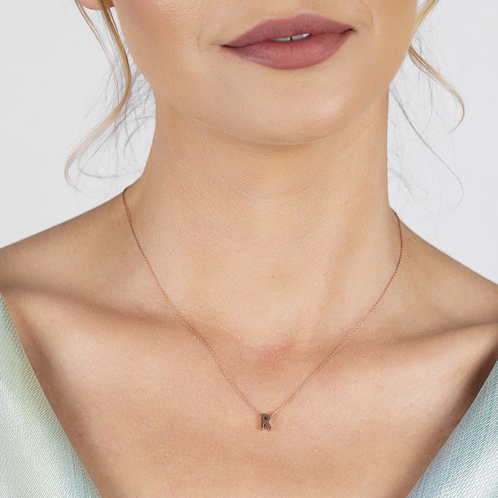 3D Tasarım Rose Renk 925 Ayar Gümüş R Harf Kolye - 3