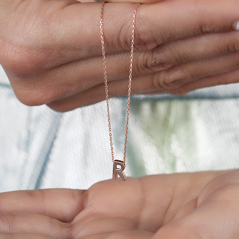 3D Tasarım Rose Renk 925 Ayar Gümüş R Harf Kolye - 4