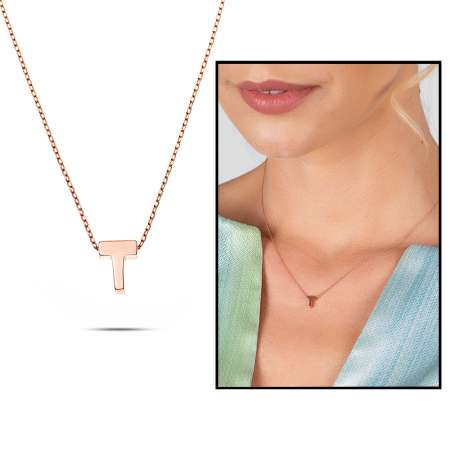 3D Tasarım Rose Renk 925 Ayar Gümüş T Harf Kolye - Tesbihane