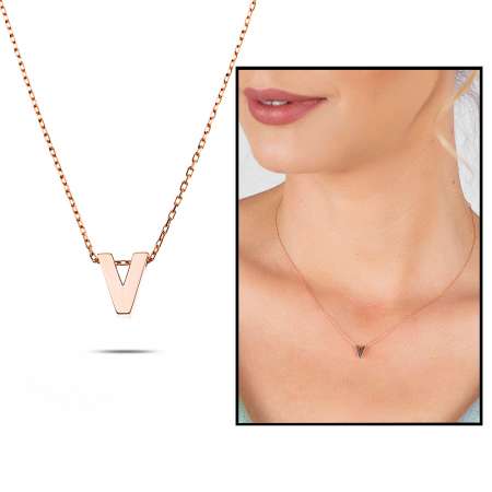 3D Tasarım Rose Renk 925 Ayar Gümüş V Harf Kolye - Tesbihane